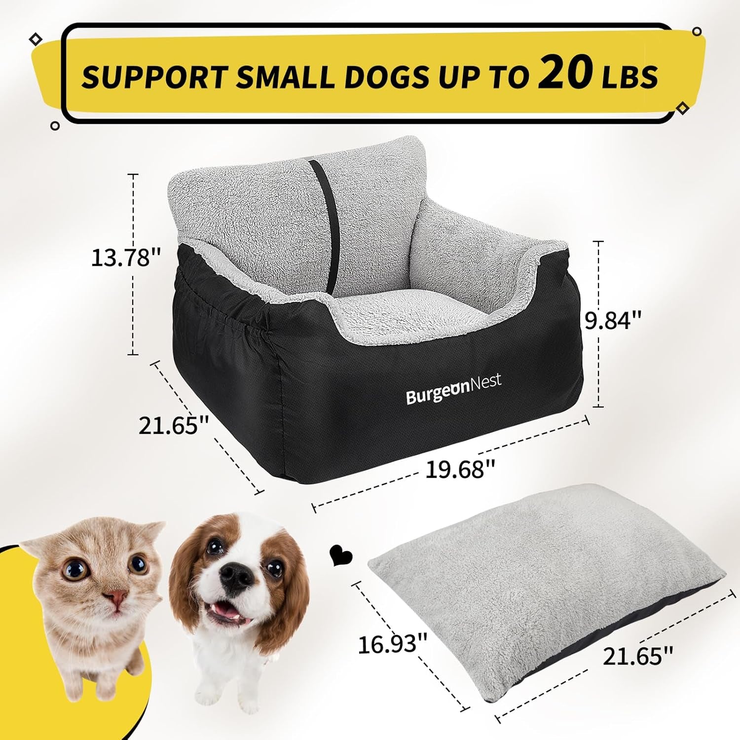 Dog Car Seat for Small Dogs, Fully Detachable and Washable Cat Carseats under 25 Lbs, Soft Pet Booster Seats with Storage Pockets and Clip-On Leash Portable Car Travel Carrier Bed, Black