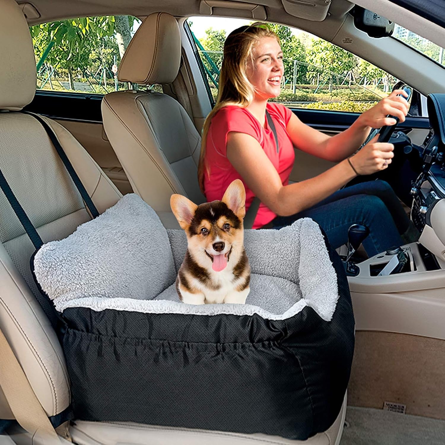 Dog Car Seat for Small Dogs, Fully Detachable and Washable Cat Carseats under 25 Lbs, Soft Pet Booster Seats with Storage Pockets and Clip-On Leash Portable Car Travel Carrier Bed, Black