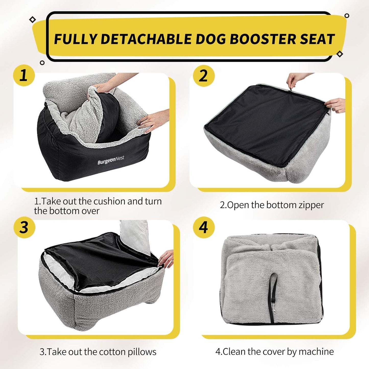 Dog Car Seat for Small Dogs, Fully Detachable and Washable Cat Carseats under 25 Lbs, Soft Pet Booster Seats with Storage Pockets and Clip-On Leash Portable Car Travel Carrier Bed, Black