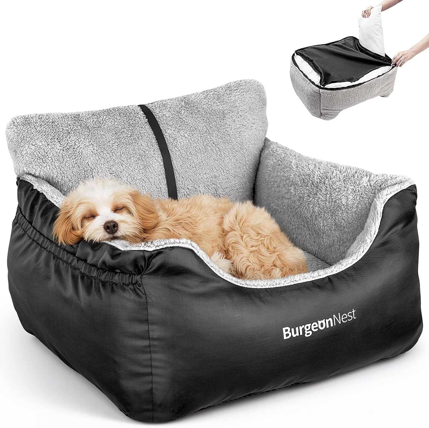 Dog Car Seat for Small Dogs, Fully Detachable and Washable Cat Carseats under 25 Lbs, Soft Pet Booster Seats with Storage Pockets and Clip-On Leash Portable Car Travel Carrier Bed, Black