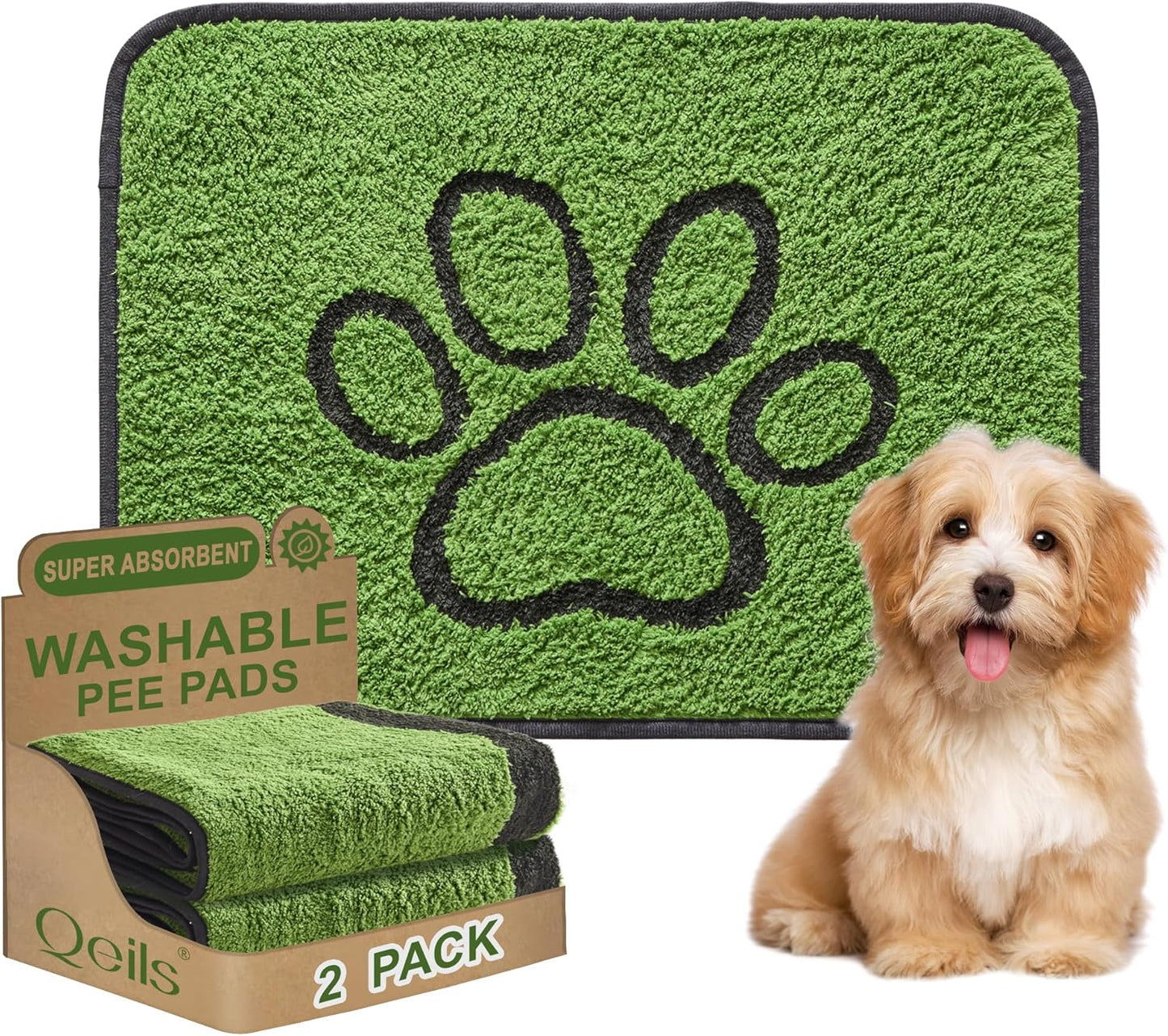 Reusable Dog Pee Pads, 2 Pack Super Absorbent & Leakproof Washable Puppy Pads with Soft Green Top Layer, for Potty Training, Crates, Couch, Car Seats & Pet Beds, 18"X24"